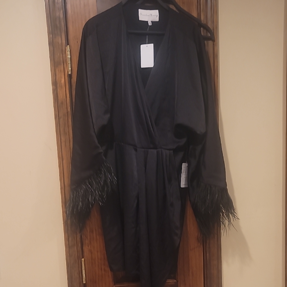 Charles Henry Black Asymmetrical Wrap Ostrich Feather Bell Sleeve Tunic Dress M View 6
